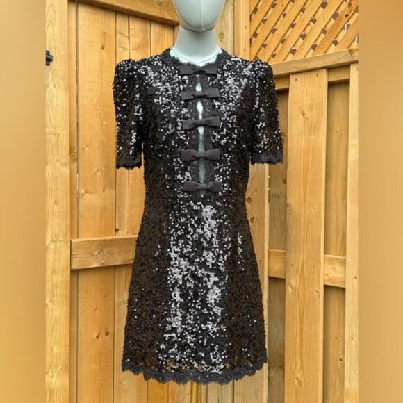 🆕 REBECCA VALLANCE 🧿 NWOT x Nicky Hilton Diana Black Bow Sequin Mini, Sz US 8 - Picture 4 of 16